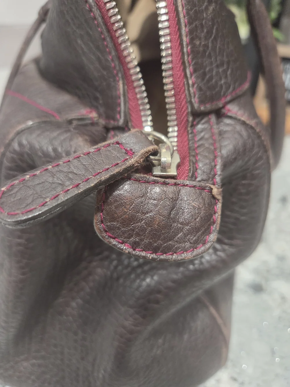 Furla Vintage Calf Skin Brown Leather Satchel with Red Tassel Accent